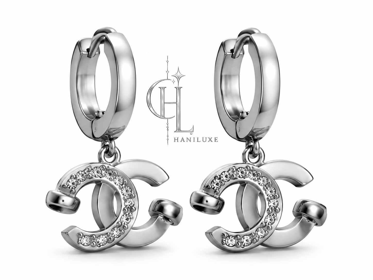 گوشواره حلقه‌ای آویزدار طرح CC نگین دار برگرفته از برند chanel برند S steel