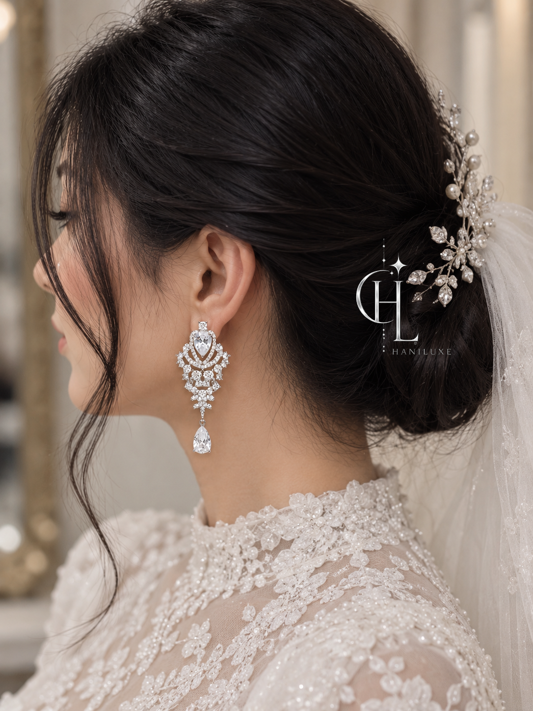 گوشواره آویزی جواهری نگین اتمی با میخ نقره| رنگ ثابت و ضد حساسیت
