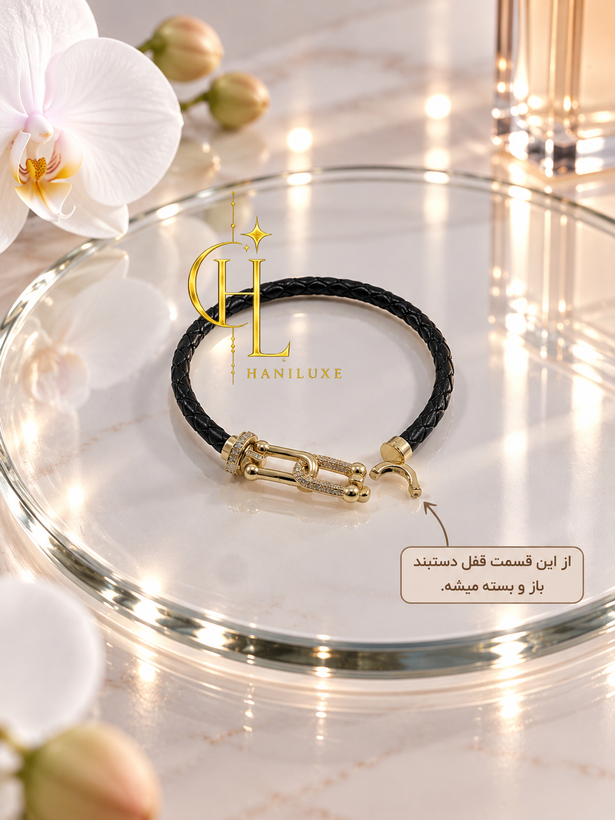 دستبند بند چرم مشکی مدل گره | قفل اصلی طرح طلا برند فشیون FASHION